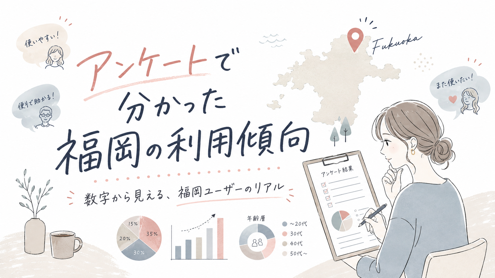 アンケートで分かった福岡の利用傾向と回答結果を示すイラスト